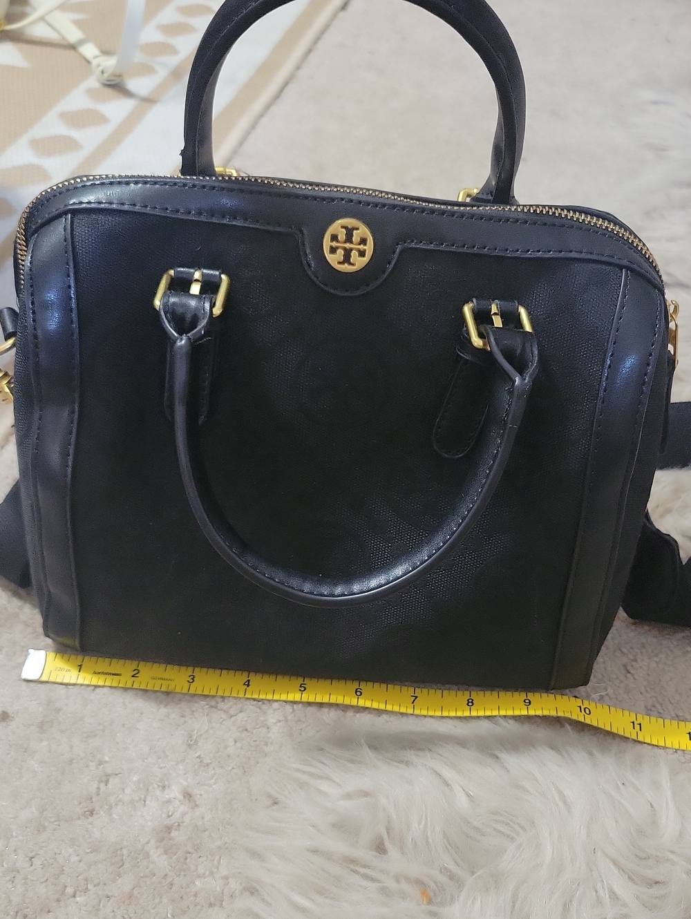 Tory Burch Black Leather Satchel with Gold-Tone Logo